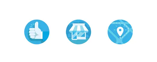 Three round Kompass icons for a thumbs up, a shop and a map pin