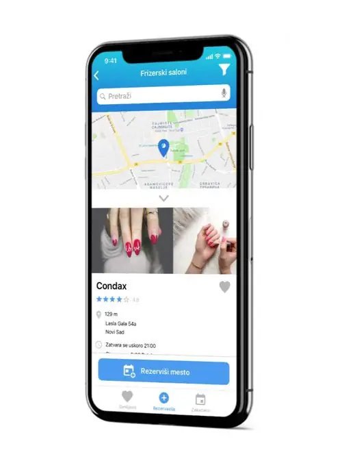 Kompass app on a phone showing salons on a map and a booking button