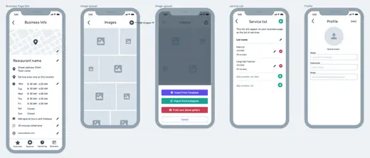 Kompass wireframes for editing business info, images, services and profile