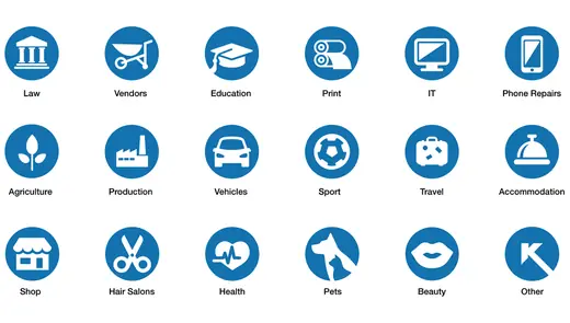 Kompass category icons such as law, education, travel and hair salons