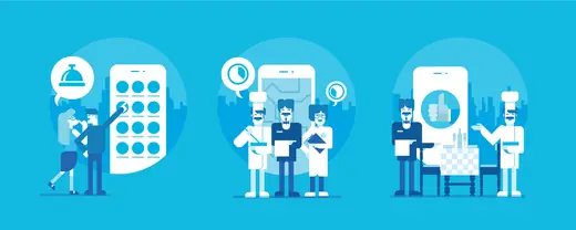 Three blue Kompass illustrations of customers and staff around large phones