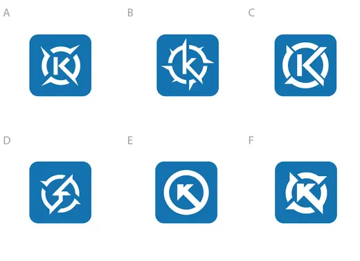 Six Kompass app icon concepts labelled A to F