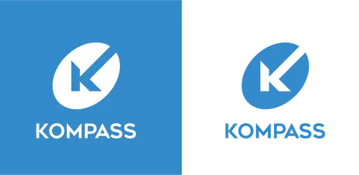 Stacked Kompass logo in white on blue and in blue on its own