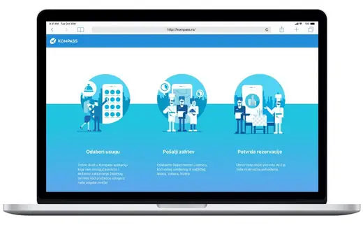 Kompass website on a laptop showing three illustrated booking steps