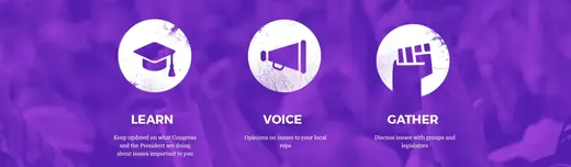 Purple Patriot banner with Learn, Voice and Gather icons on purple