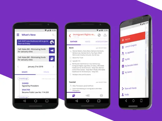 Three Purple Patriot app screens on Android phones, including a news feed and menu