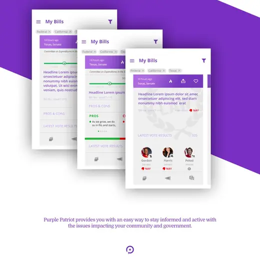 Three Purple Patriot My Bills screens with bill summaries and votes