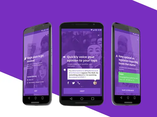 Purple Patriot onboarding screens on three Android phones