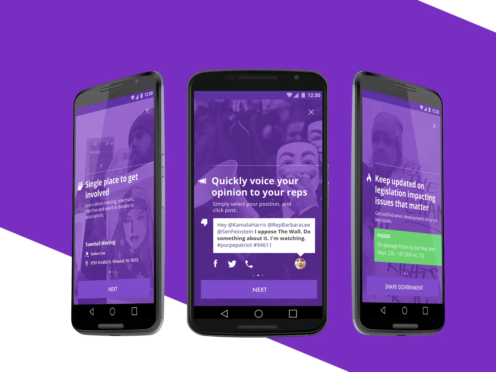 Purple Patriot onboarding screens on three Android phones