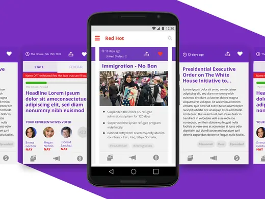 Purple Patriot issue cards in a carousel, one shown on an Android phone