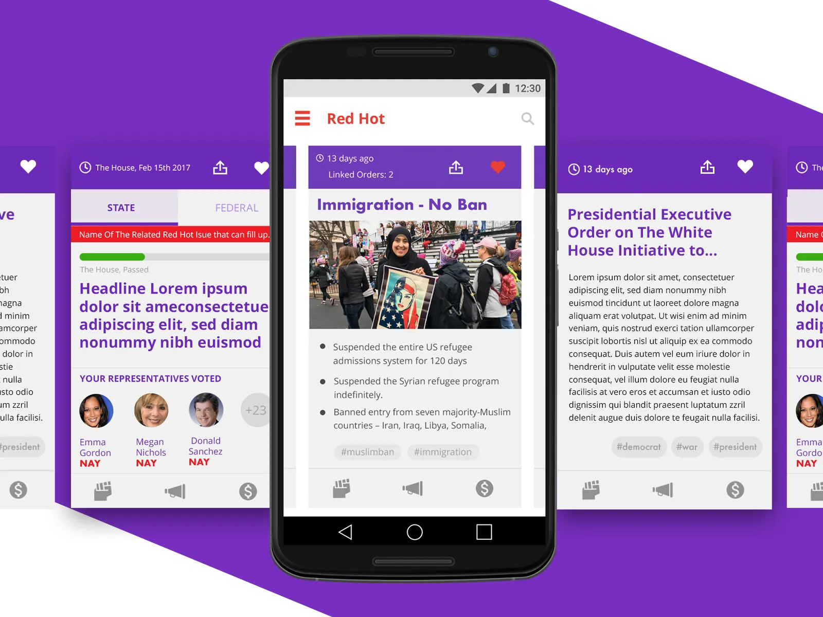 Purple Patriot issue cards in a carousel, one shown on an Android phone