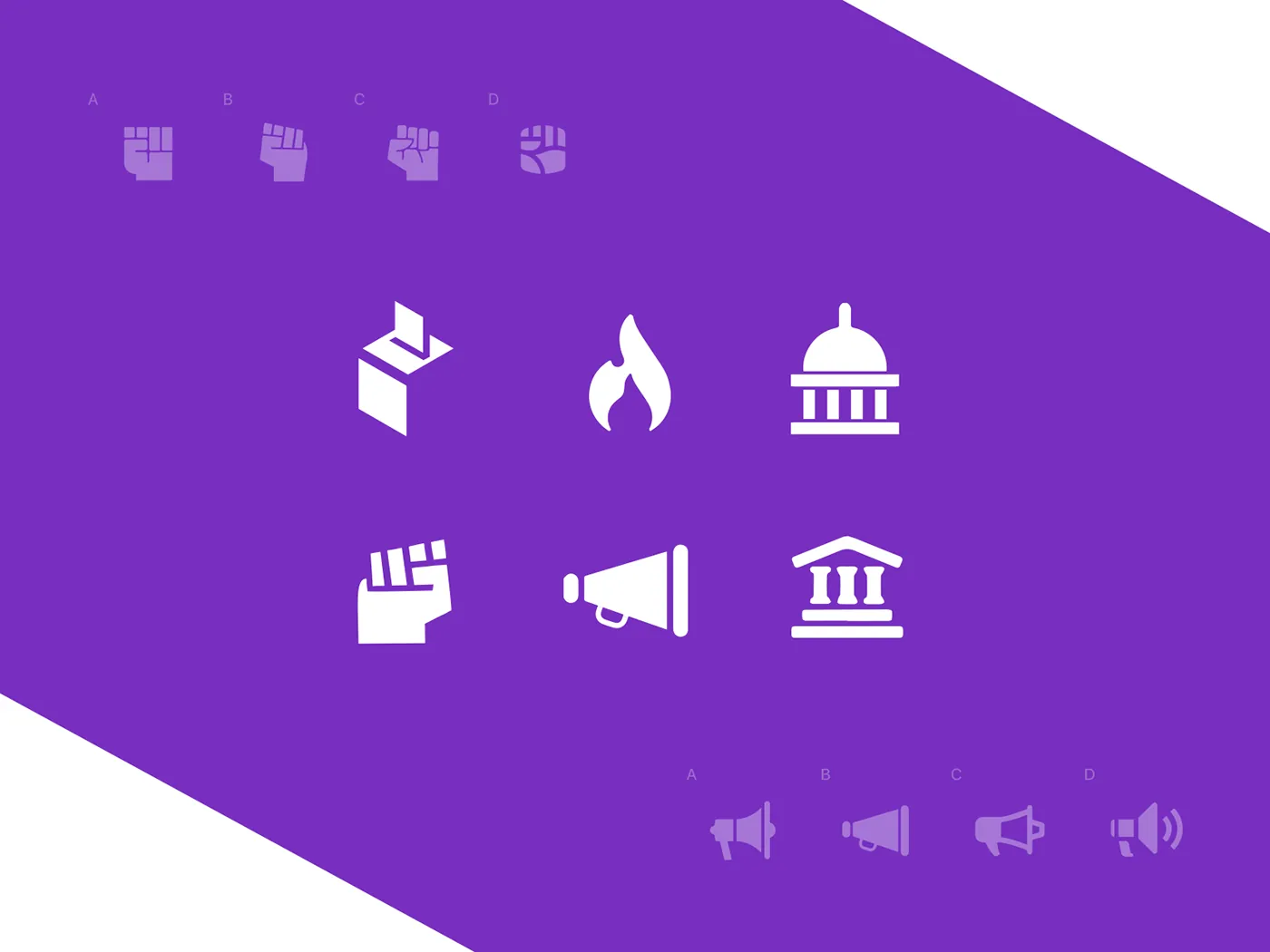 Purple Patriot white icon set on purple with sketched alternatives