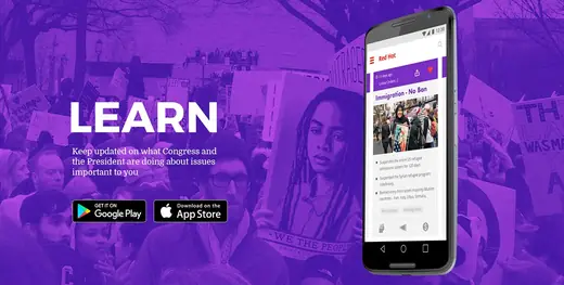 Purple Patriot Learn banner with app store badges and the app on a phone