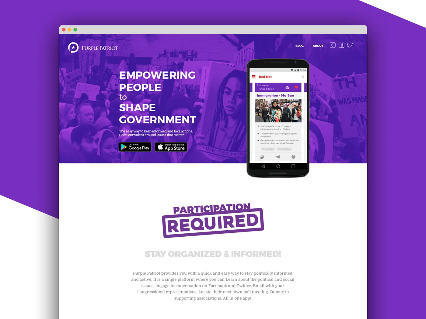 Purple Patriot landing page with the app and a Participation Required stamp