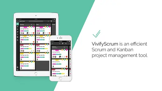VivifyScrum Kanban board on an iPad and an iPhone