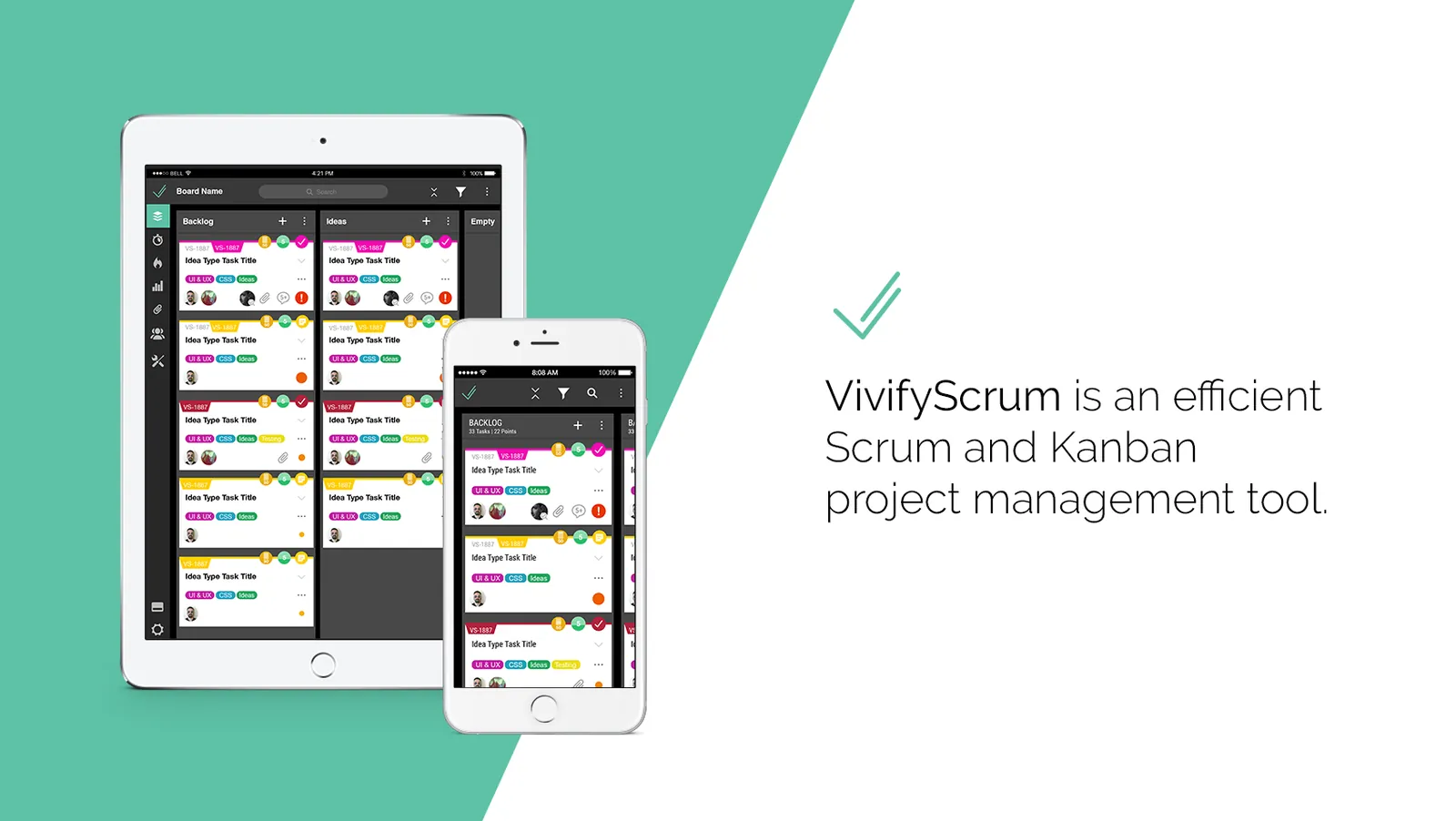 VivifyScrum Kanban board on an iPad and an iPhone