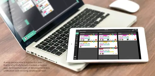Image showing a tabletop, Macbook and iPad on it, showcasing UI of the app