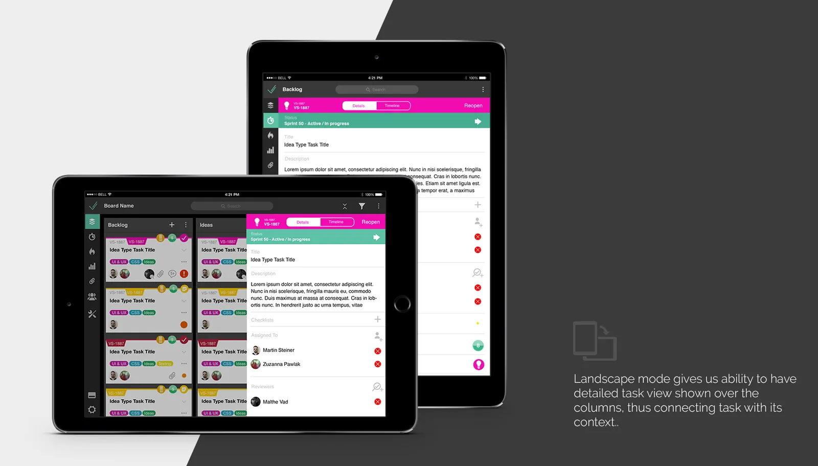 iPad, in horisontal and vertical version, showing UI for different screen ratios 