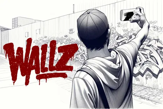 Young person standing in front of the wall, holding phone up with one hand, trying to take picture of the wall
