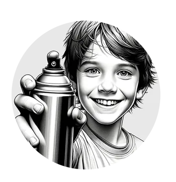 young boy holding a spray can toward the camera