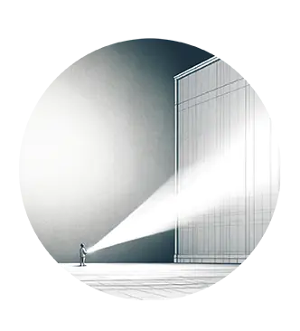 illustration showing extremly tiny person, projecting beam on the enormous wall