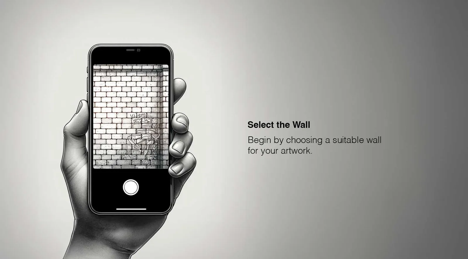Illustration showing hand holding iPhone, taking a photo of a wall. Text on it saying: Select The Wall