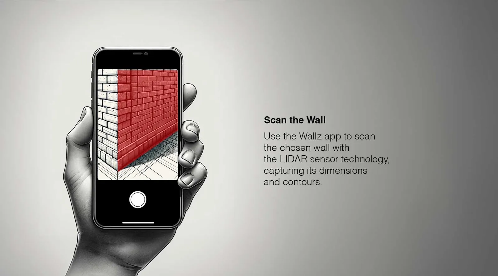 Illustration showing iPhone screen where region could be seen, Text on the right: Scan the wall