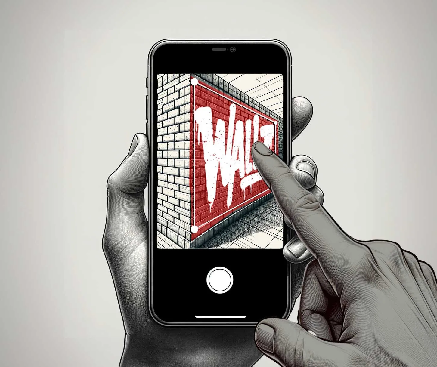 Illustration showing two hands working on iPhone, screen is showing Wallz logo being manipulated with a finger of a hand. Text on the right: Fix the image in AR