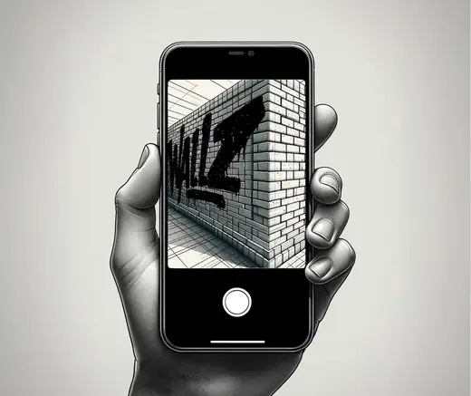 Close-up sketch of a phone previewing a Wallz tag on a brick wall