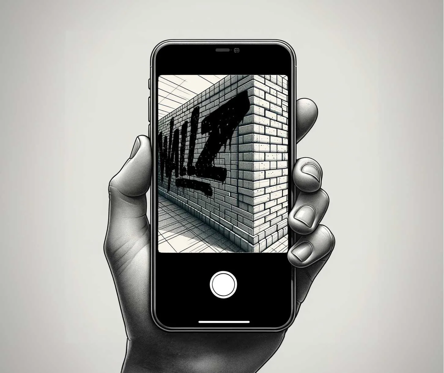 Close-up sketch of a phone previewing a Wallz tag on a brick wall