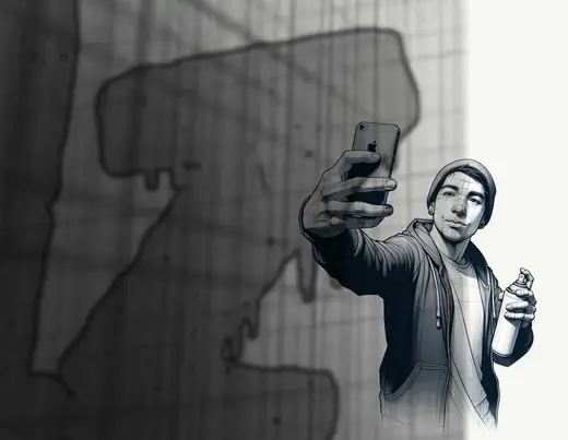 Sketch of a graffiti artist holding a phone and spray can