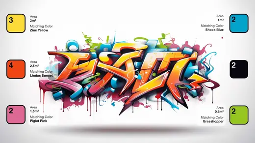 Colourful graffiti piece surrounded by Wallz colour swatches with area and colour names