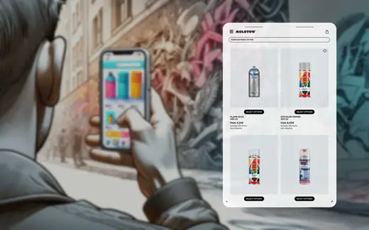 Wallz spray paint shop screen over a person browsing paints by a mural