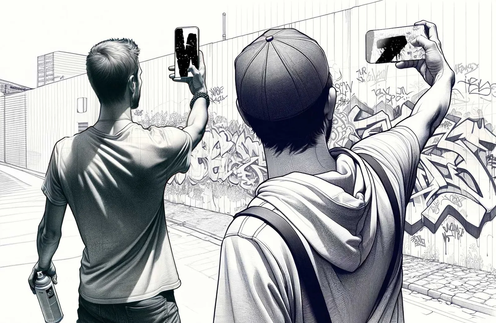 illustration showing 2 people standing in front of the graffiti filled wall, holding iPhones up in the air