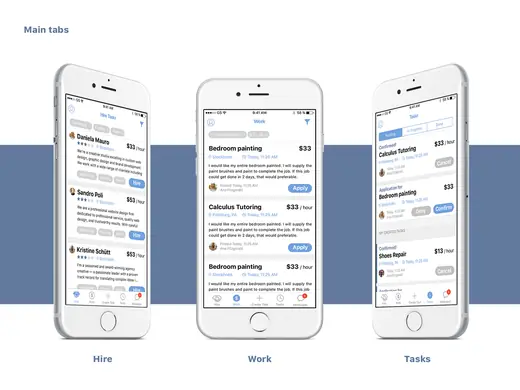 Zwork main tabs on three iPhones: Hire, Work and Tasks