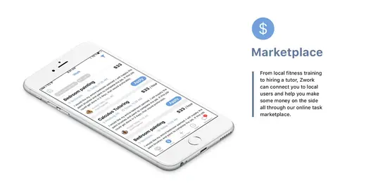 Zwork marketplace task listings on a tilted iPhone
