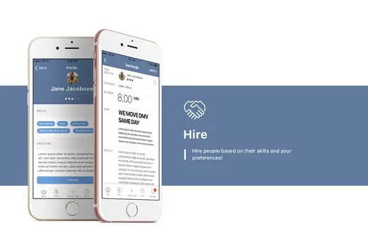 Zwork profile and task detail screens on two iPhones