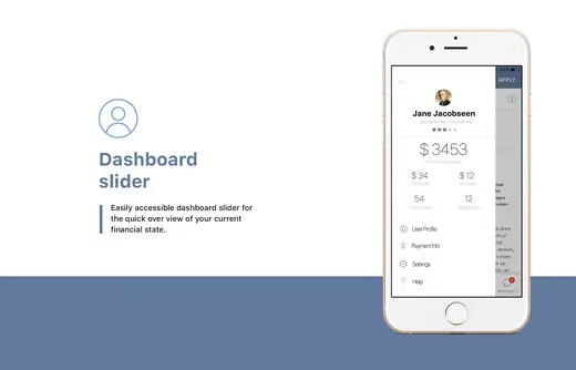 Zwork dashboard slider on an iPhone with a user's balance and menu