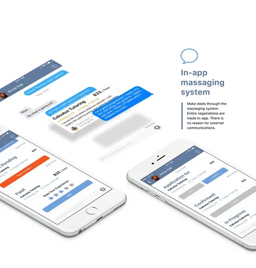 Zwork in-app messaging screens on two tilted iPhones