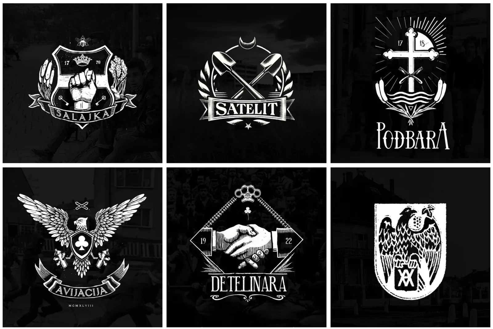 Six black and white crests labelled Salajka, Satelit, Podbara, Avijacija and Detelinara