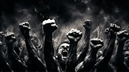 Black and white crowd raising fists, one man shouting in the centre