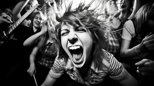 Black and white close-up of a screaming young woman in a concert crowd