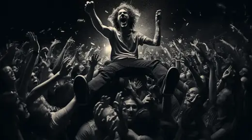 Black and white concert crowd with a shouting man raised above it