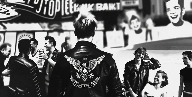 ai generated black and white image showing boys and girls drinking, boy wears a leather jacket