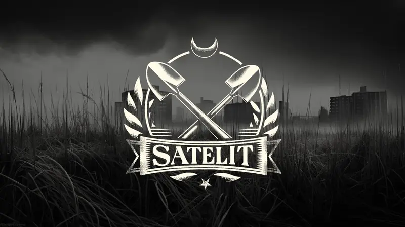 Emblem of Satelit with crossed shovels and crescent moon over a foggy urban background