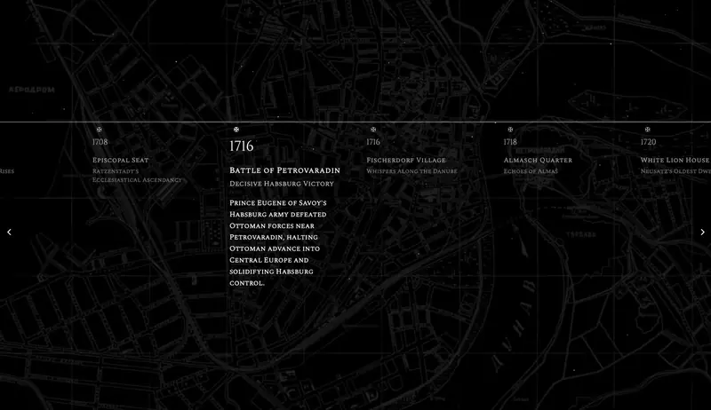 A dark historical timeline map of Neusatz, featuring the 1716 Battle of Petrovaradin and Fischerdorf