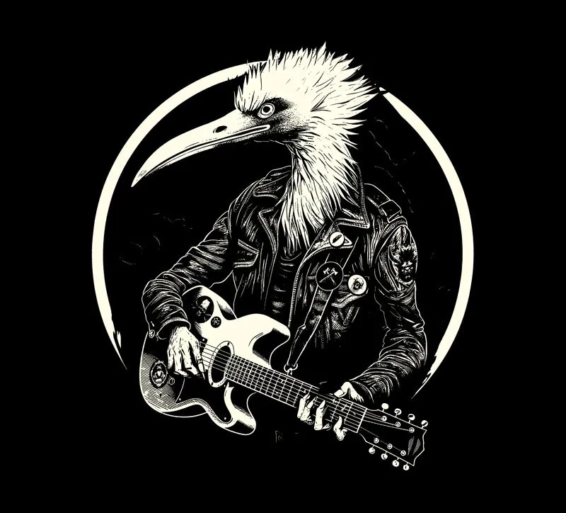 Neusatz: Storks crew emblem: a punk stork in a leather jacket playing an electric guitar, in a ring