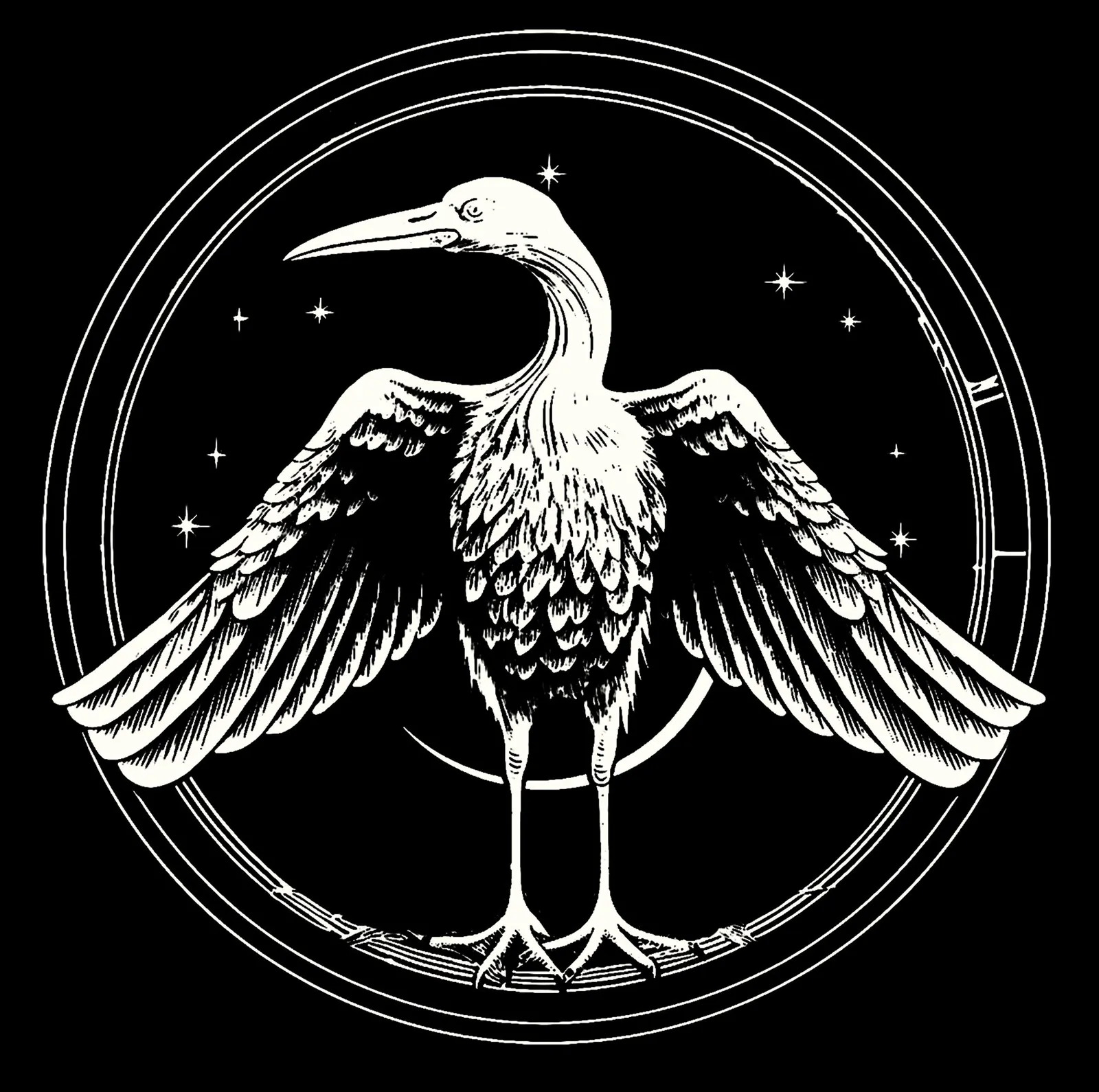 Neusatz: Second Storks emblem: a stork with spread wings inside a ring, cream on black