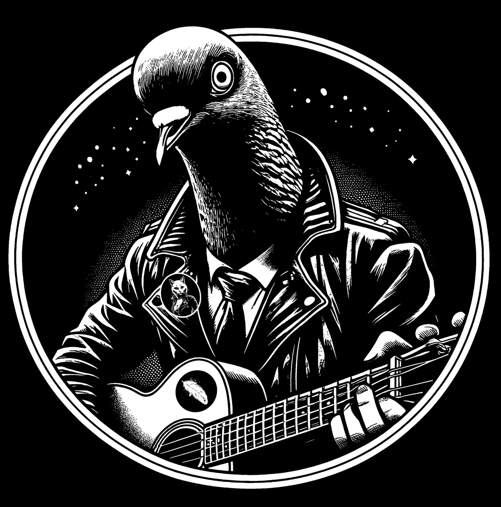 Neusatz: Pigeons crew emblem: a pigeon in a leather jacket playing an acoustic guitar