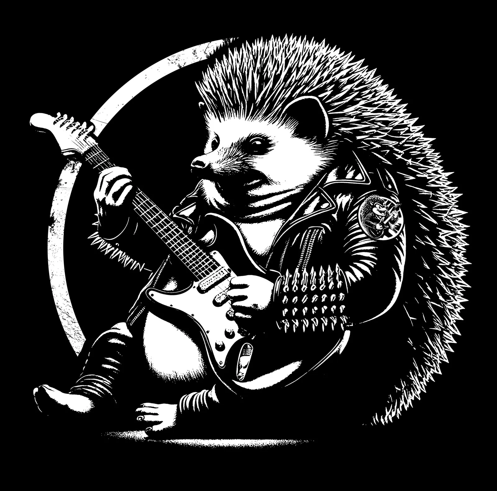 Neusatz: Hedgehogs crew emblem: a fat hedgehog in a studded jacket playing an electric guitar